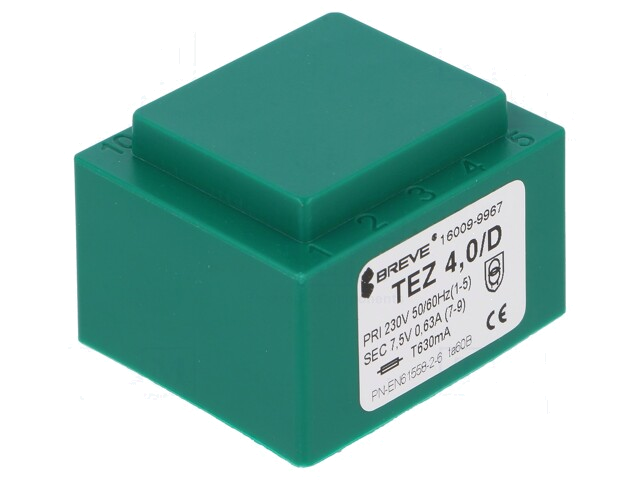 Transformator: ingegoten; 4VA; 230VAC; 7,5V; 533,3mA; PCB; IP00 Transformator: ingegoten; 4VA; 230VAC; 7,5V; 533,3mA; PCB; IP00